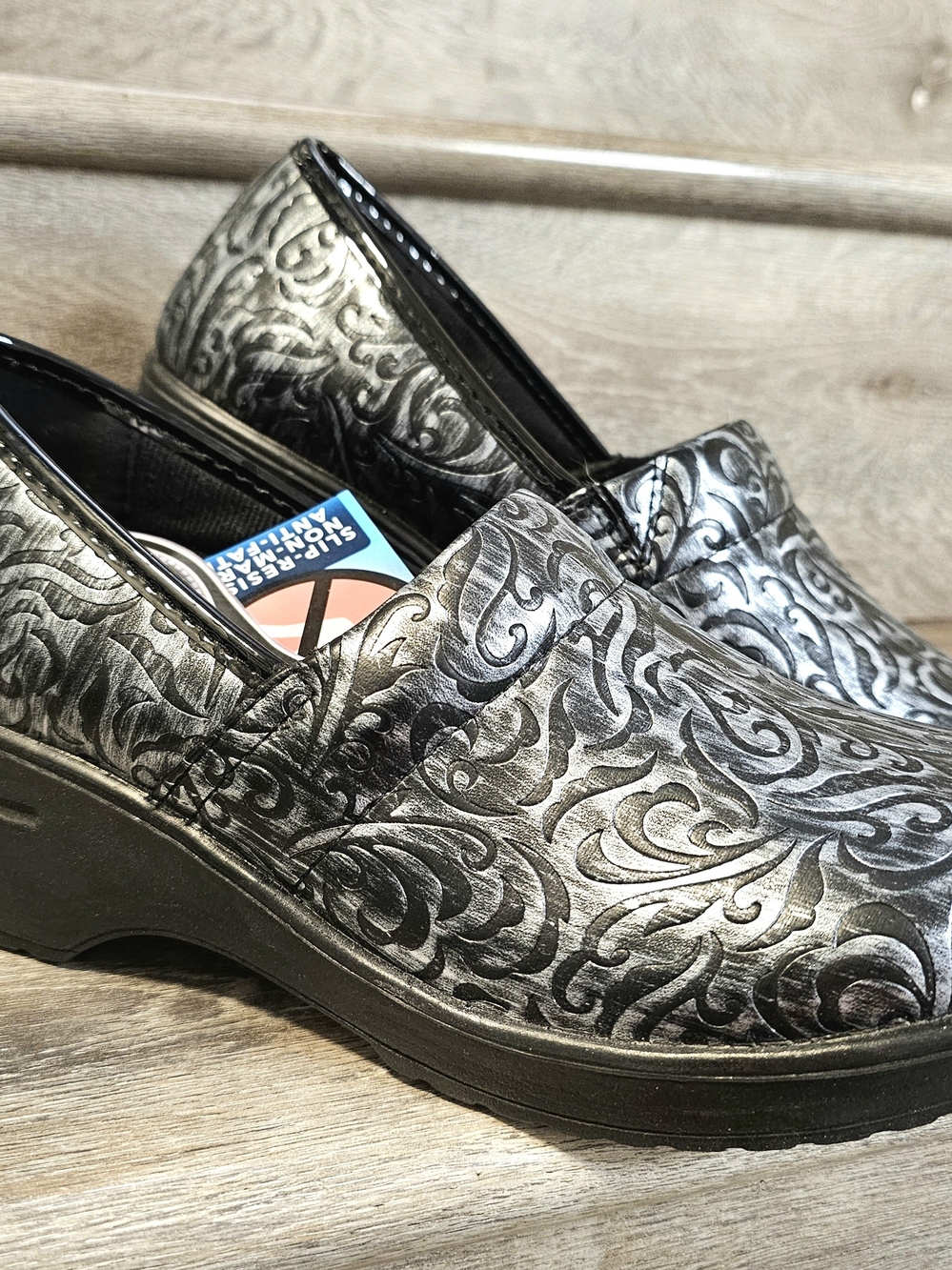 Easy Works Easy Street Womens Black Silver Embossed Slip Resistant Work Clogs